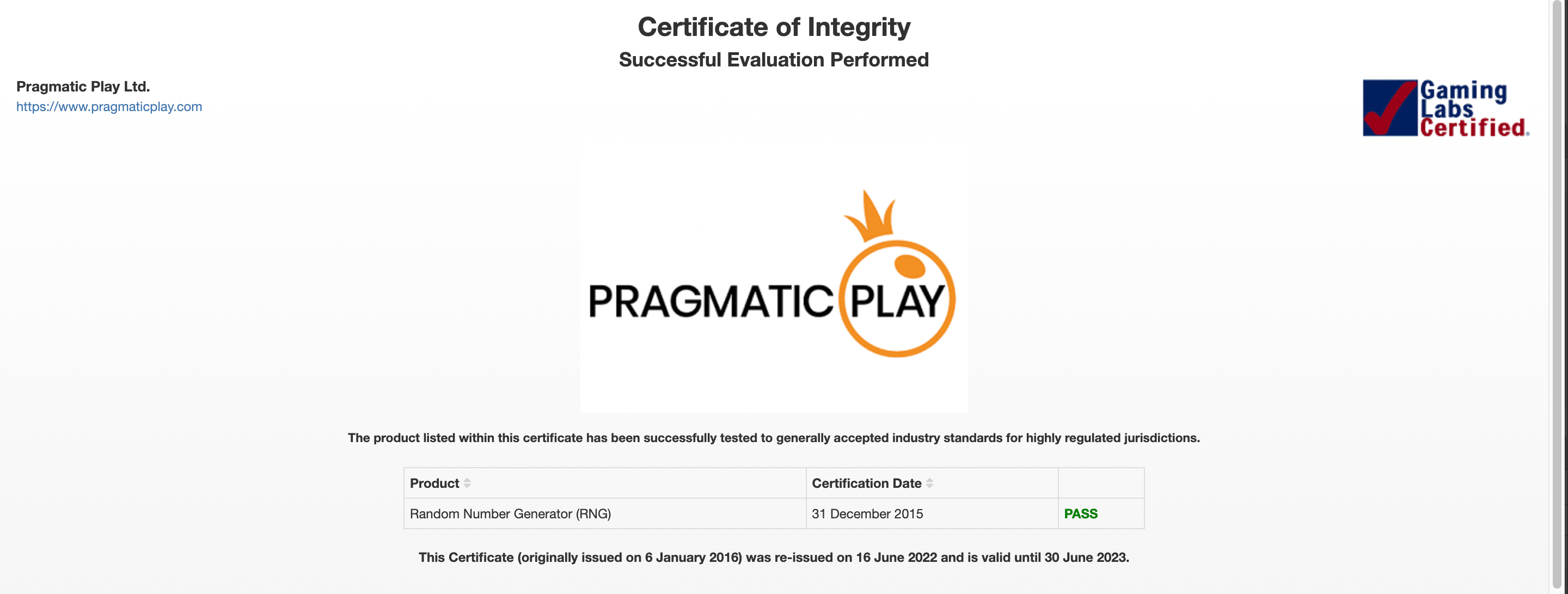 RNG Certified At Pragmatic Play