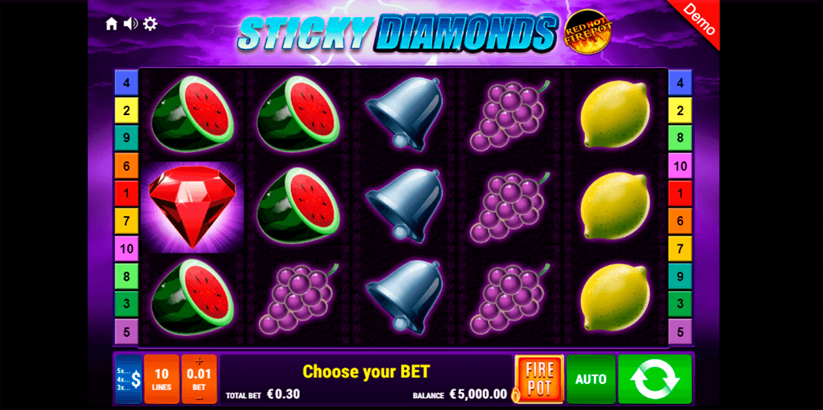 sticky diamonds red hot firepot gamomat casino slots 